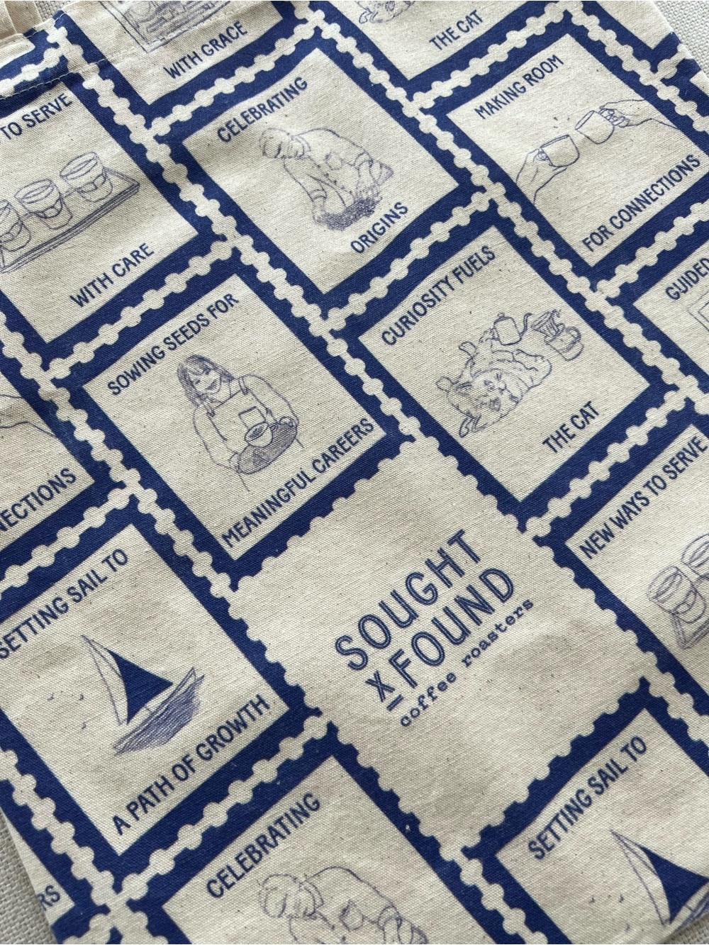 Sought X Found Coffee Roasters Stamp Graphic Tote Bag - Navy on Natural